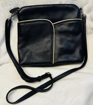 Ili New York Genuine Smooth Leather Crossbody Purse Black Gold RFID Distinctive